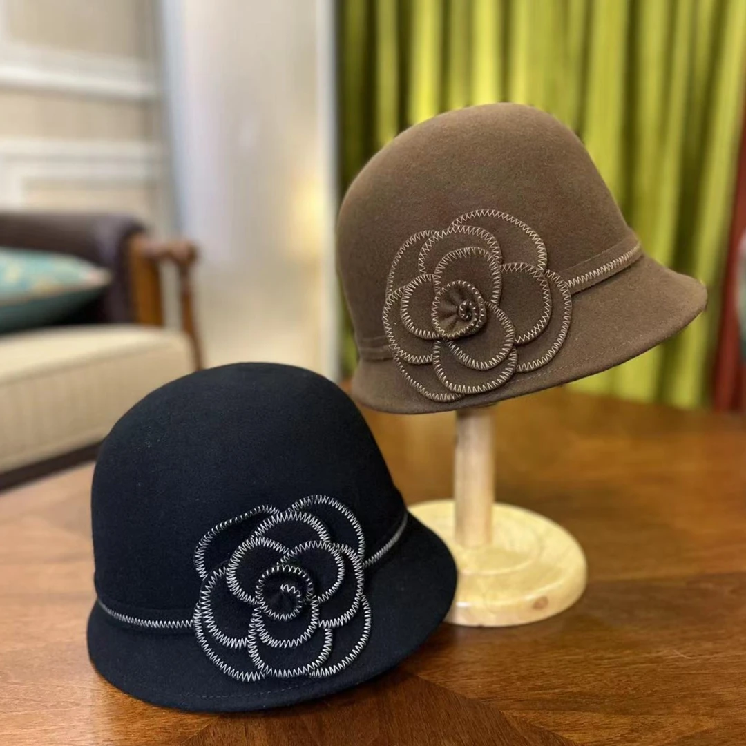 秋冬英伦复古渔夫帽女士时尚百搭优雅花朵盆帽