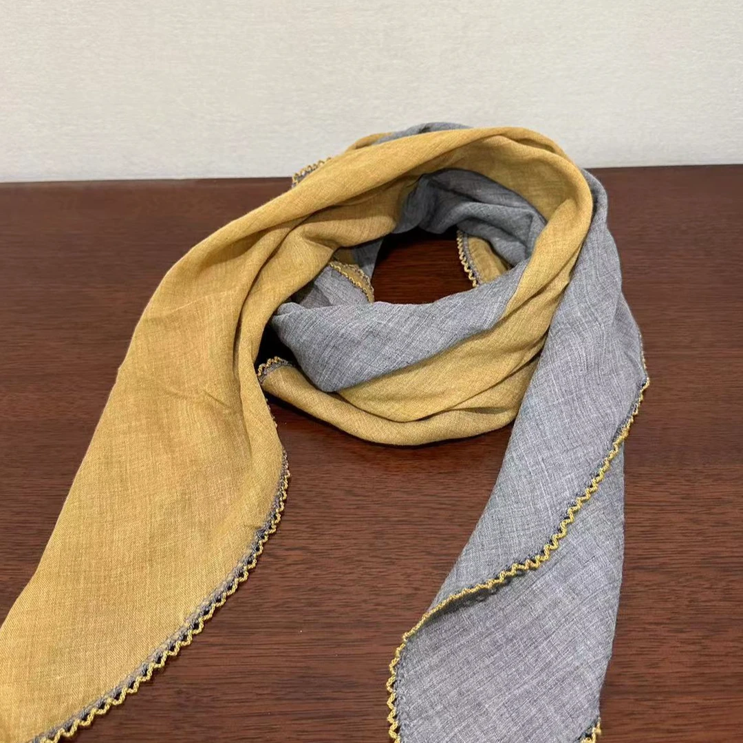 围巾拼色棉麻百搭气质时尚长款秋冬 拼接双色披肩