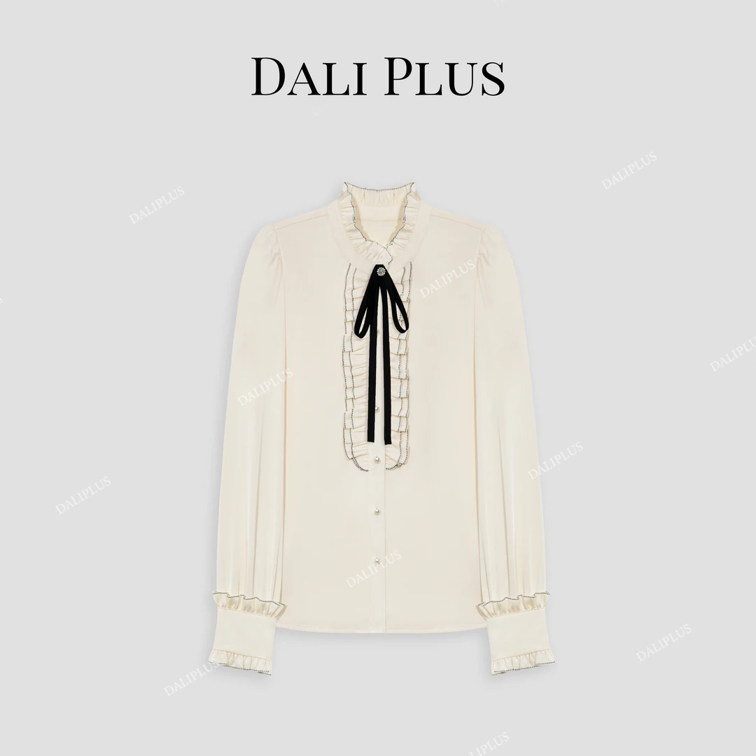 DALI PLUS优雅宫廷风撞色蝴蝶结手工钉珠米色衬衫-D4SS0236