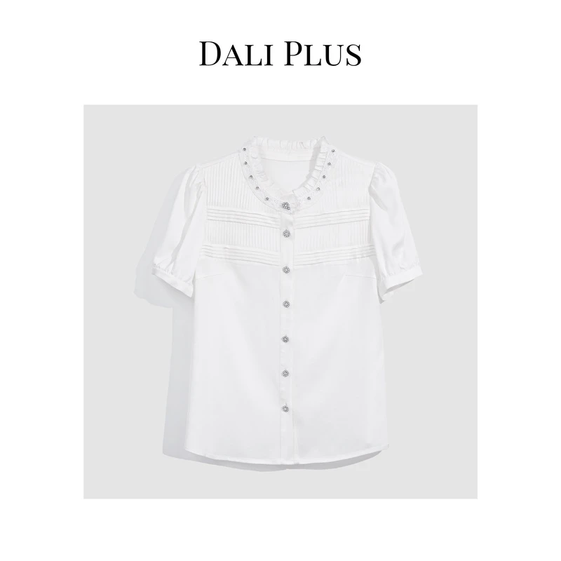 DALI PLUS精致压褶设计气质木耳领白色夏季醋酸短袖衬衫-GZ-04002
