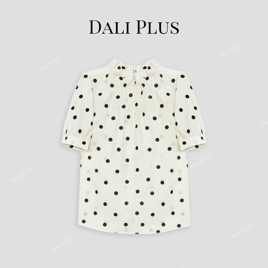 DALI PLUS法式天丝立领复古回潮白色波点短袖衬衫D4SZ0016