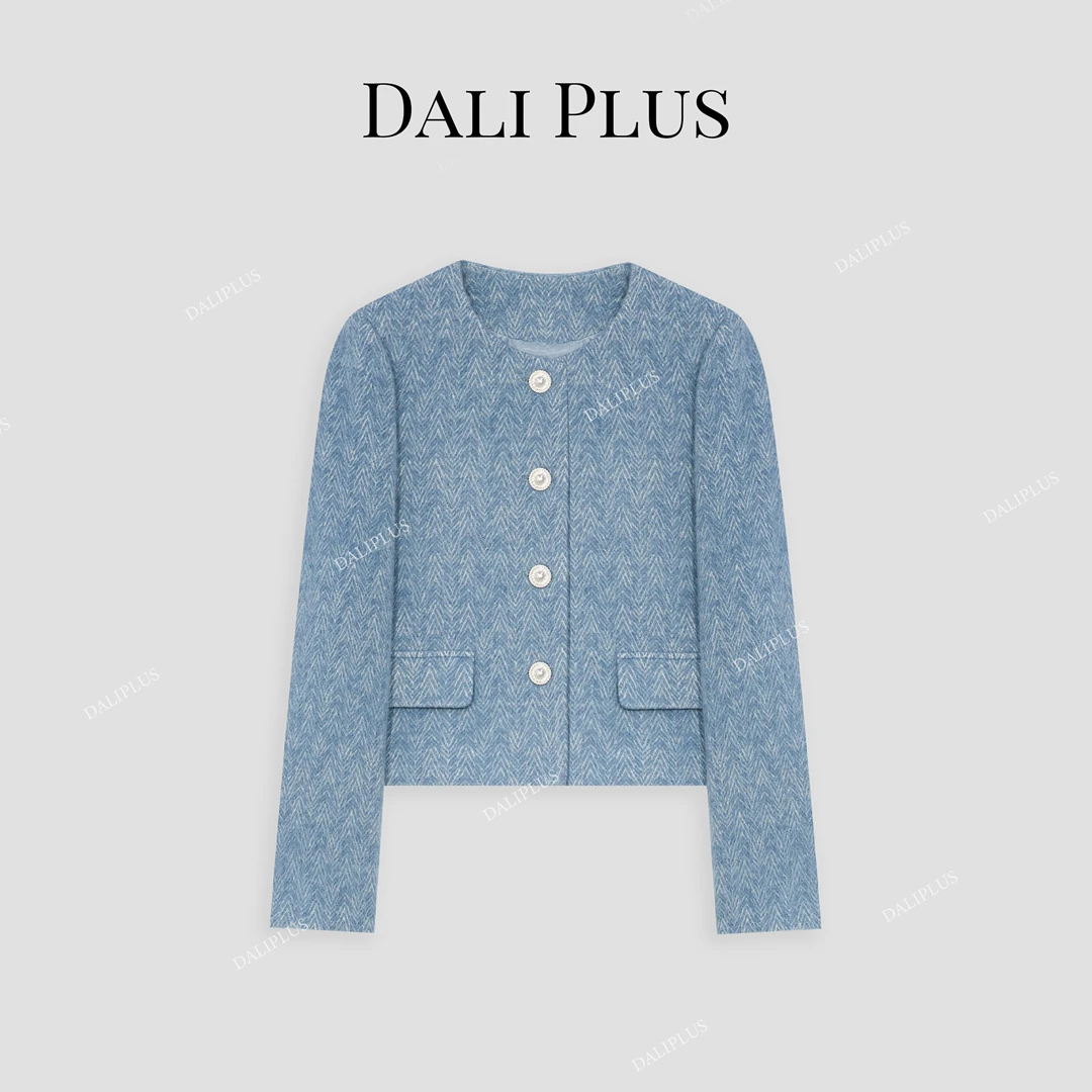 DALI PLUS【苏力羊驼毛+马海毛】天蓝色人字纹毛呢外套-D4CH0053