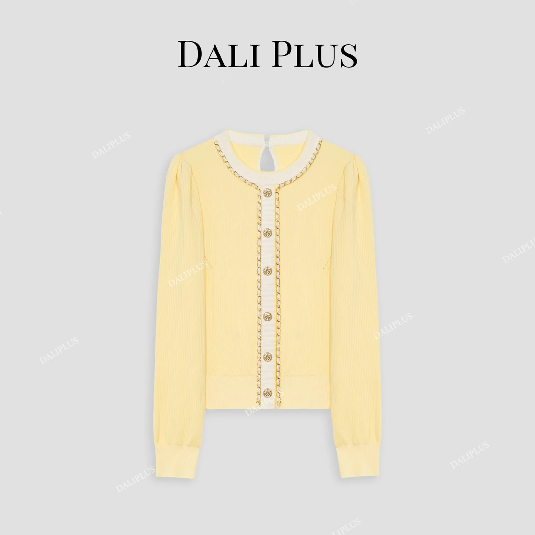 DALI PLUS天丝撞色链条设计小香风针织衫-D4XL0064