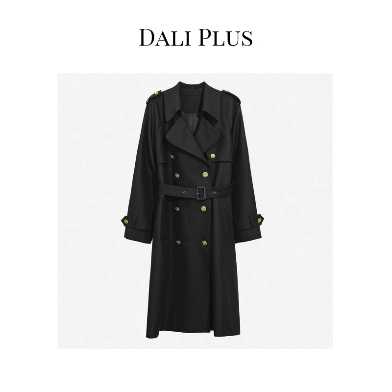 DALI PLUS高端英伦风气质大衣双襟肩章黑金双排扣长款风衣WY-0808