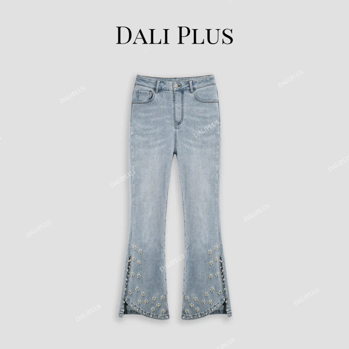 DALI PLUS高腰精致百搭显瘦超模微喇开叉休闲钉珠牛仔裤-MJ002