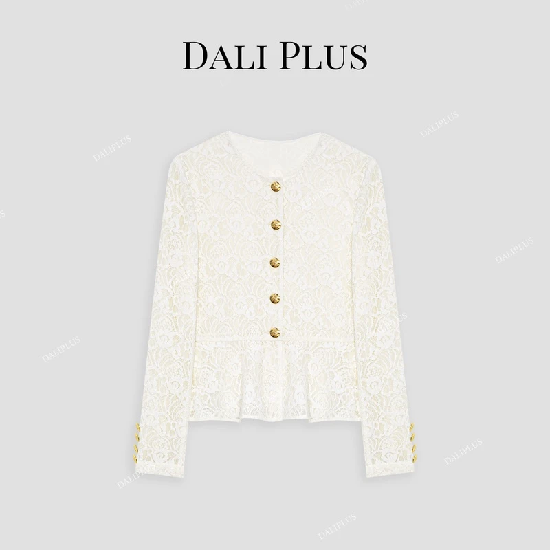 DALI PLUS轻奢法式白色蕾丝拼接荷叶下摆设计感长袖衬衫-D4SS0155