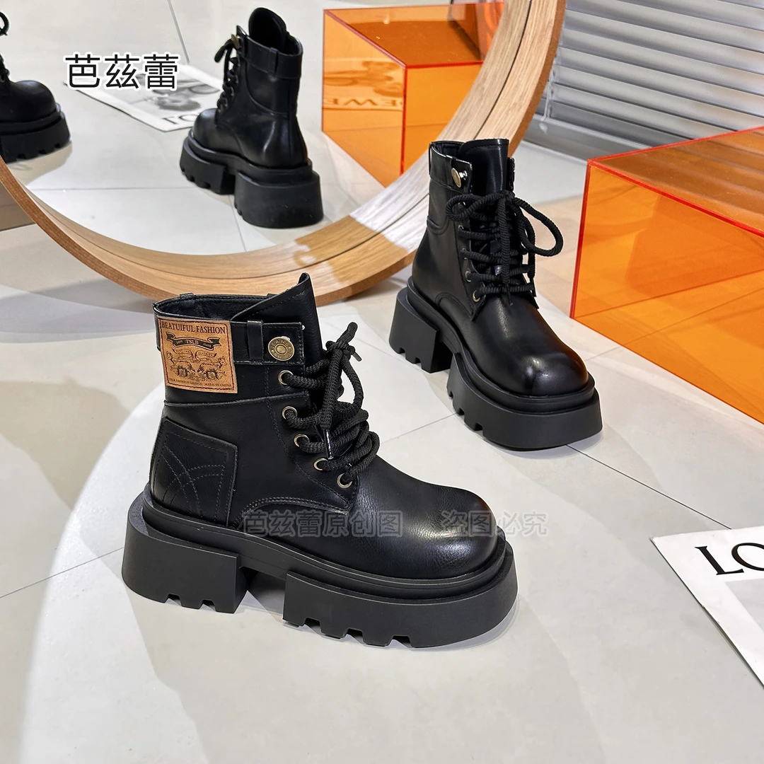 马丁靴时尚硬派系带工装靴英伦风靴子女2024春秋新款厚底时尚百搭