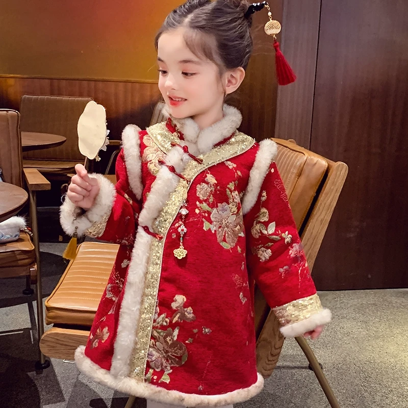 米米哈罗女童冬款加厚提花毛条拼接外套旗袍裙D240303