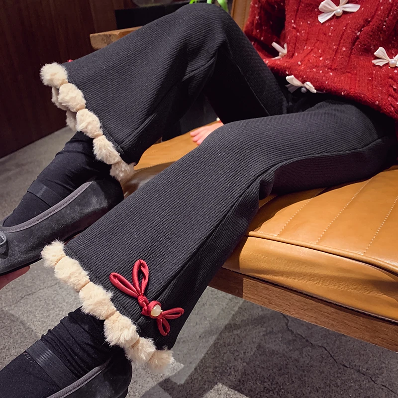 【现货】米米哈罗女童冬季加绒喇叭裤休闲长裤时髦马蹄裤子 Q240040