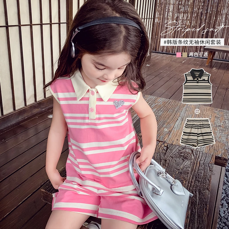 【宠粉浮力】米米哈罗女童夏装POLO领条纹短裤套装两件套装 X24231