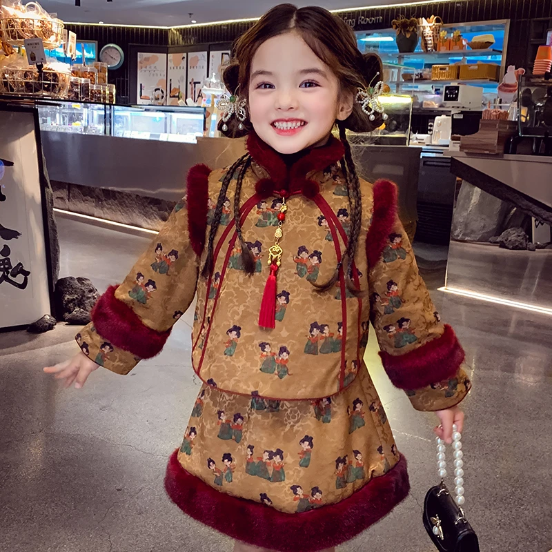 【宠粉浮力】米米哈罗女童冬款加绒新中式人画两件套套装D240350