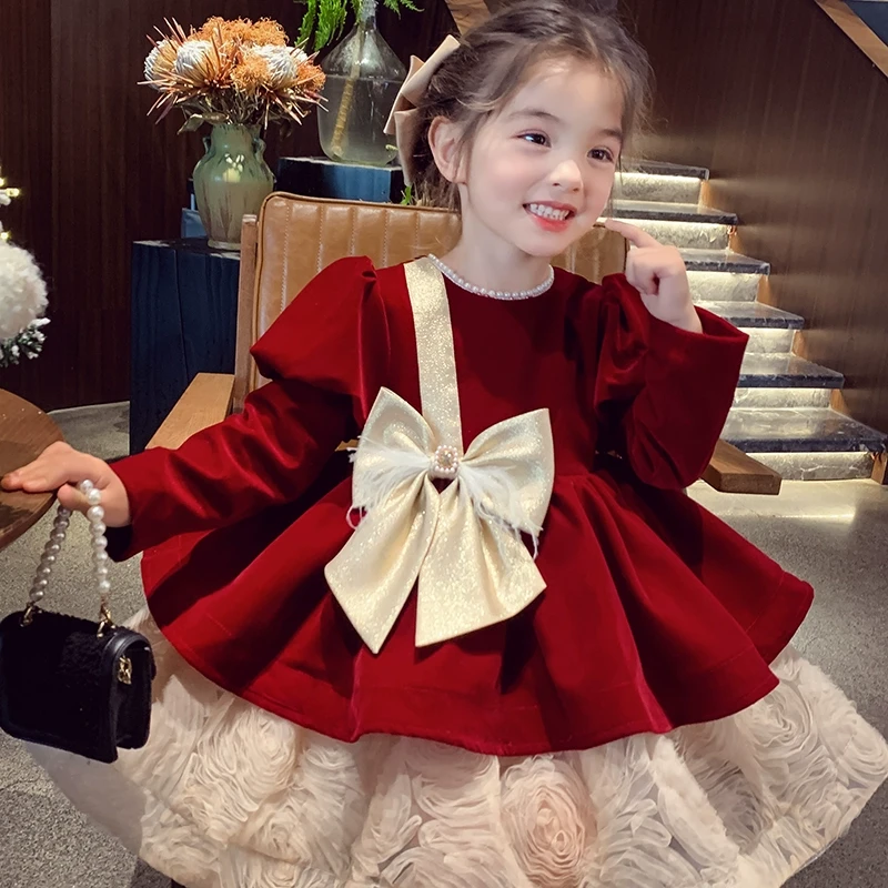 米米哈罗【复古情书】女童加绒公主裙冬装丝绒连衣裙D240367