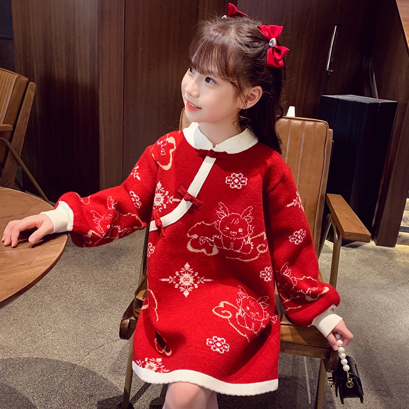 【年中浮力】米米哈罗女童连衣童公主裙红色毛衣裙 M83372