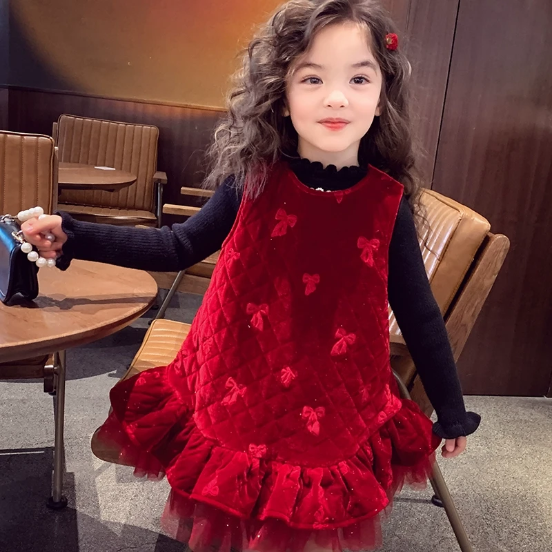 米米哈罗女童加厚绣花蝴蝶结丝绒背心裙连衣裙D240397