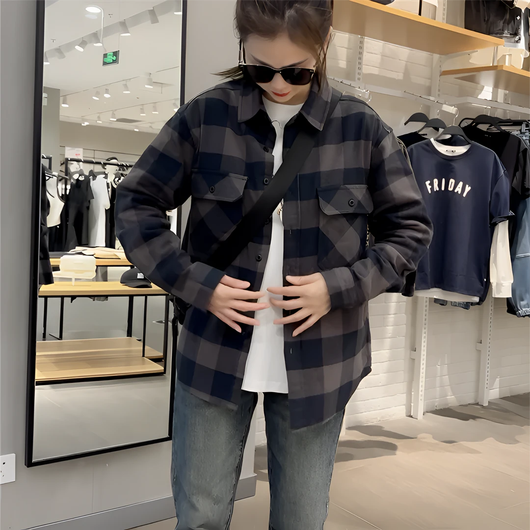 2024春秋季新款男士磨毛格子经典百搭衬衫宽松外套格子衬衫衬衣