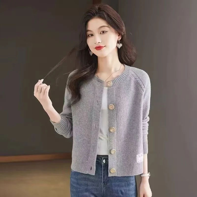 一线成衣100%纯羊毛衫女春秋毛衣针织开衫洋气短款时尚百搭宽松