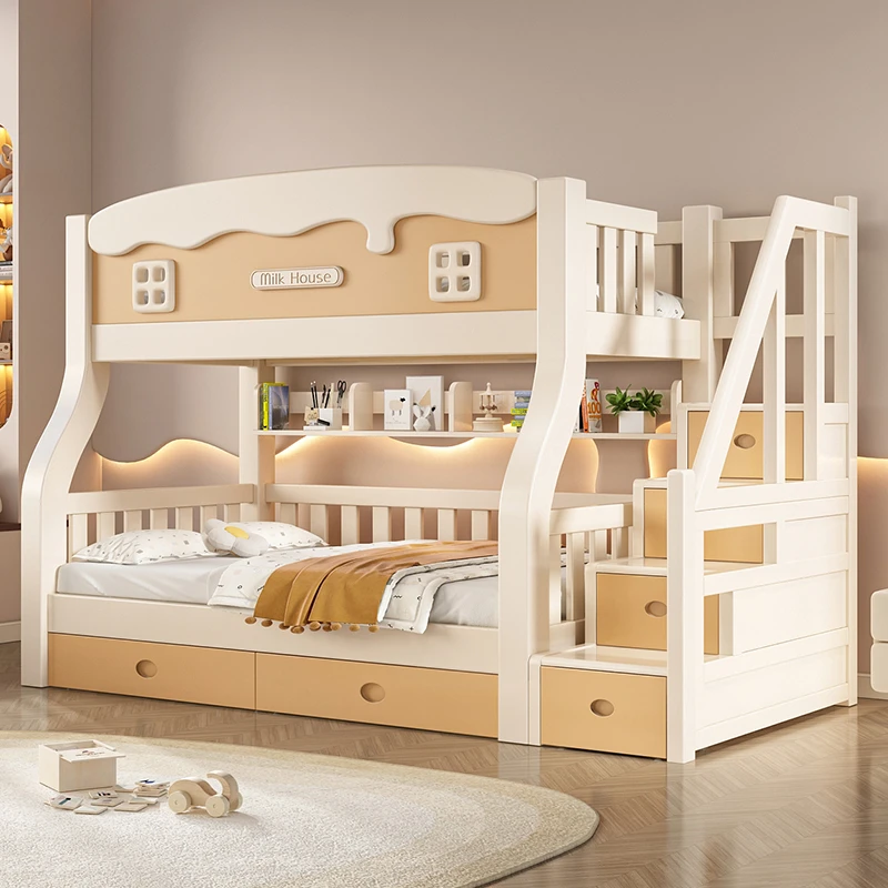 上下床奶油风双层实木儿童男孩女孩高低床上下铺成人子母床小户型