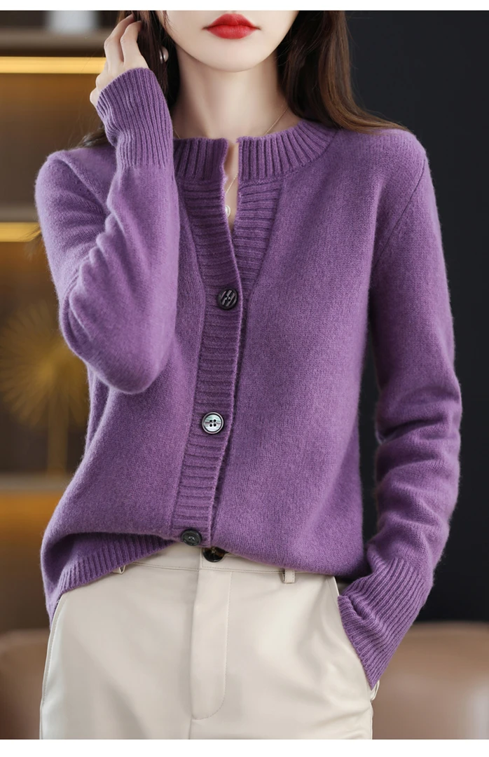 春秋新款100纯羊毛开衫外套女V领宽松羊毛毛衣休闲圆领外搭针织衫