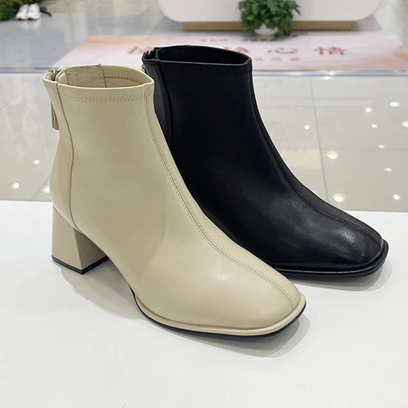 星期六2024秋冬新款百搭舒适时装靴粗高跟短靴方头女靴SS34116563