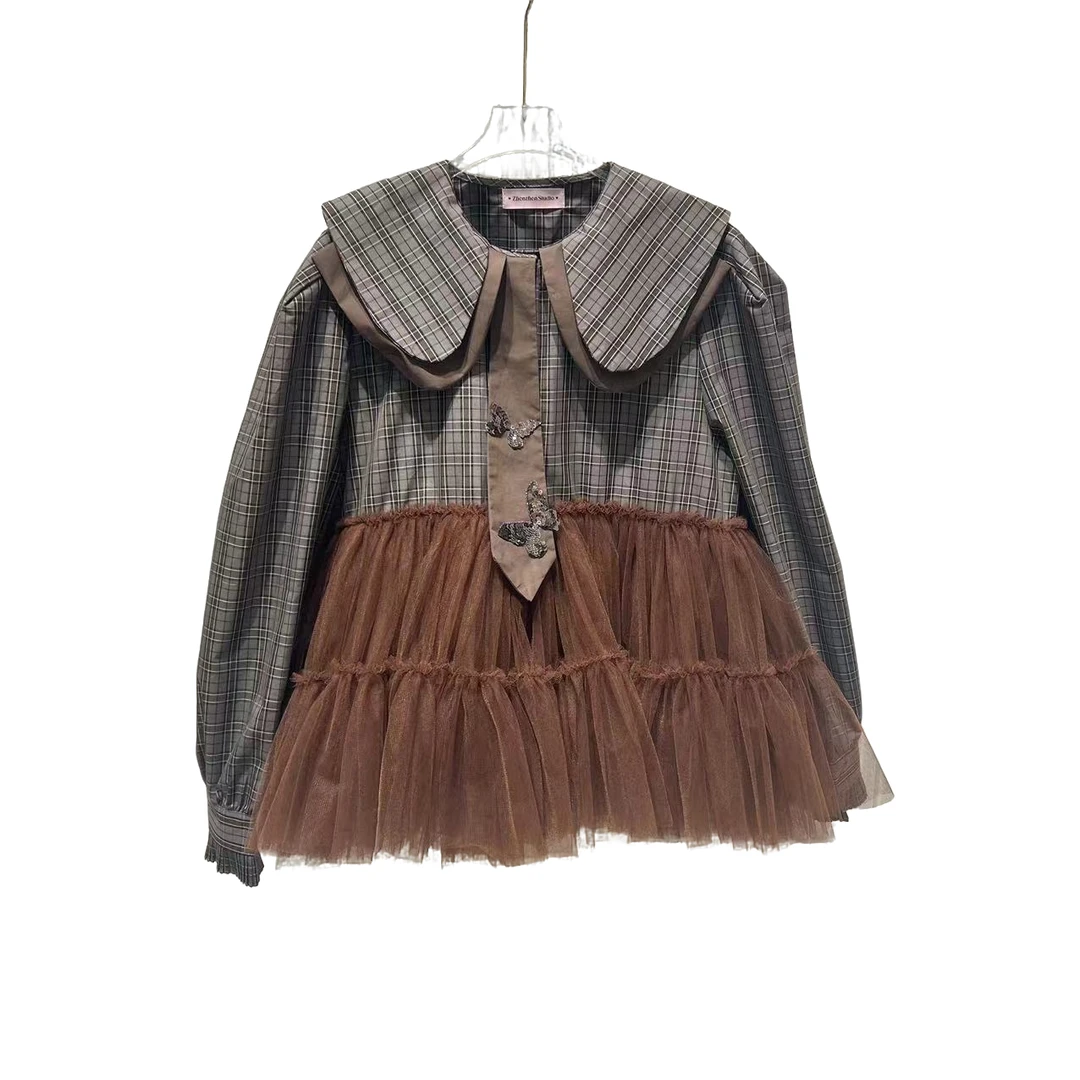 3453【珍珍优选】设计师新款拼接纱纱秋冬季长袖女装连衣裙