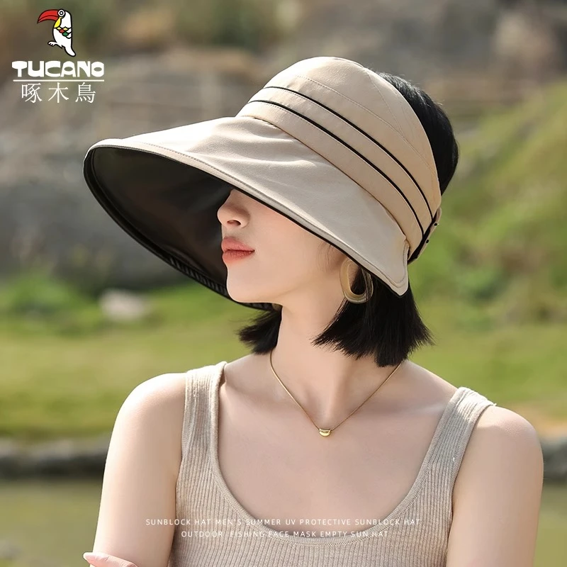 啄木鸟防晒帽女夏季UPF50+遮阳遮脸空顶帽大帽檐显脸小太阳帽