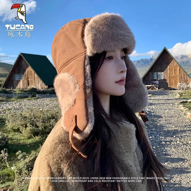 啄木鸟帽子女2025冬季显脸小加绒防风护耳棉帽加绒加厚骑车防寒帽