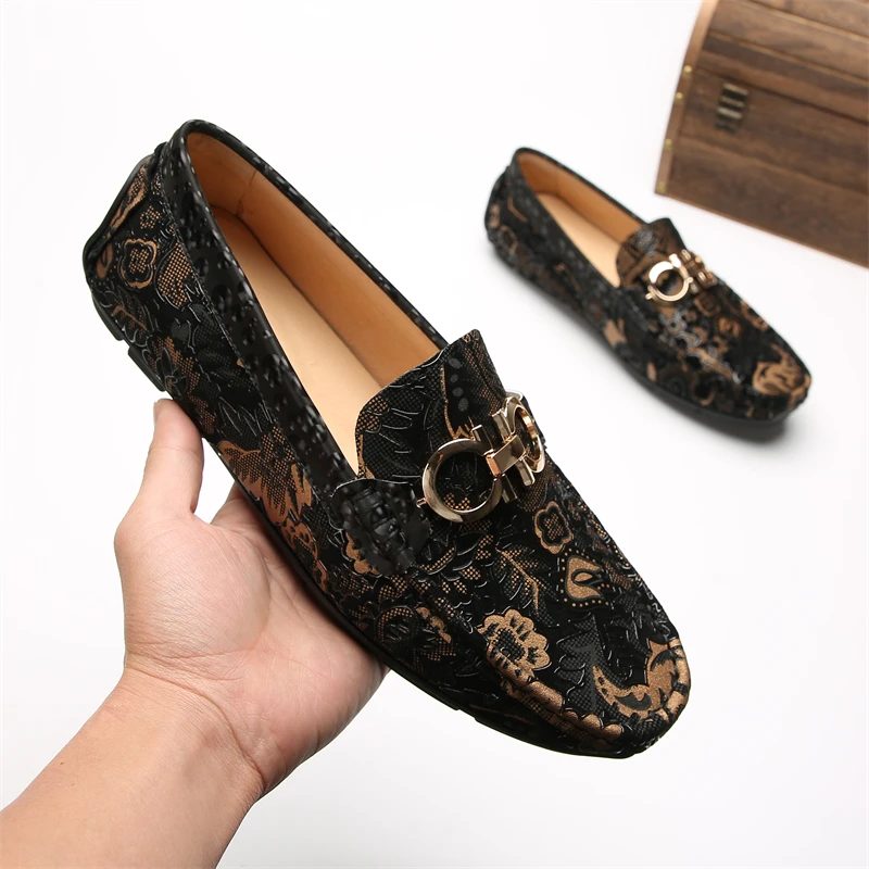 欧洲站夏季豆豆鞋新款春季高端爆款印花休闲真皮软底一脚蹬男鞋