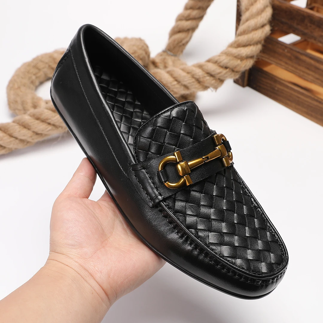 新款时尚感豆豆鞋百搭男意大利懒人一脚蹬编织休闲皮鞋手工乐福鞋