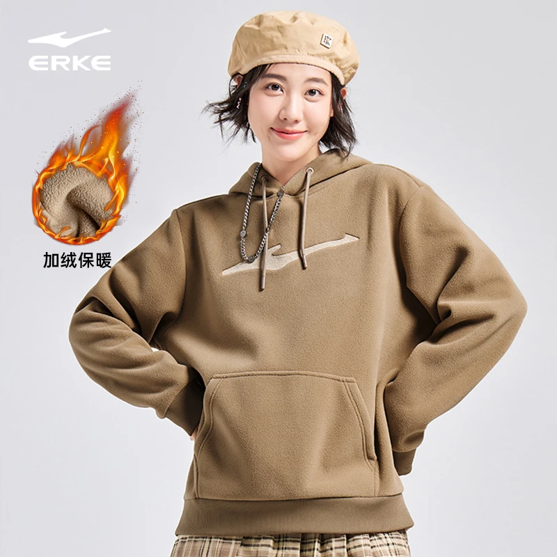 鸿星尔克连帽卫衣男女冬季加绒上衣运动休闲长袖外套51222301067