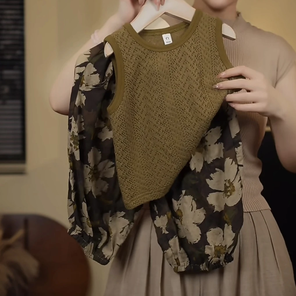 ZBAO原创夏季儿童T恤无袖纯色宽松百搭ins夏款复古套装18218