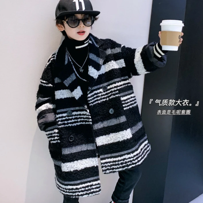 儿童加棉大衣外套男童新款韩版复古拼色长袖呢子宽松中长款潮