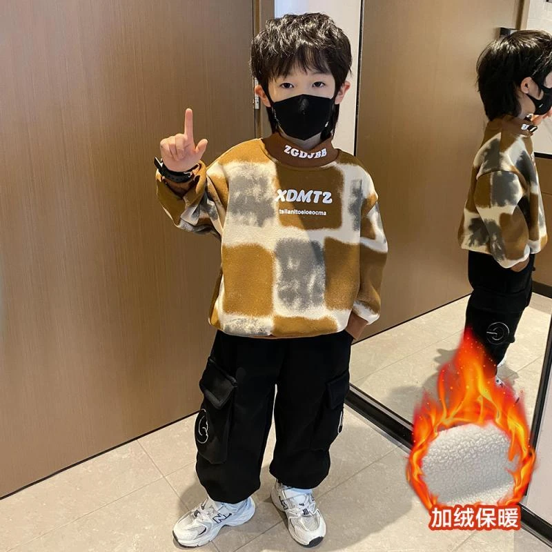 男童冬季加绒加厚卫衣套装秋冬装时髦痞帅气男孩宝宝儿童保暖衣服