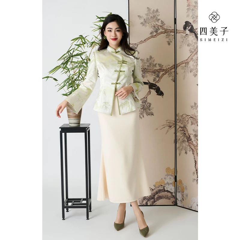 清仓 四美子春风笑长寿仙秋季印花外套半裙套装气质显瘦新款中式