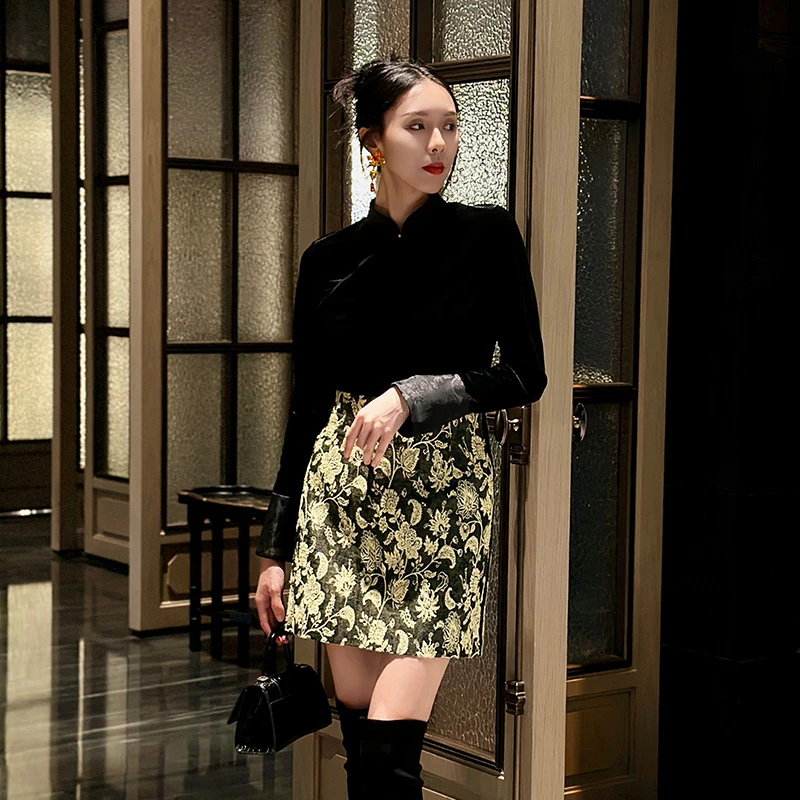 四美子冬日绿野冬季磨毛提花短款半裙气质显瘦优雅原创设计新品