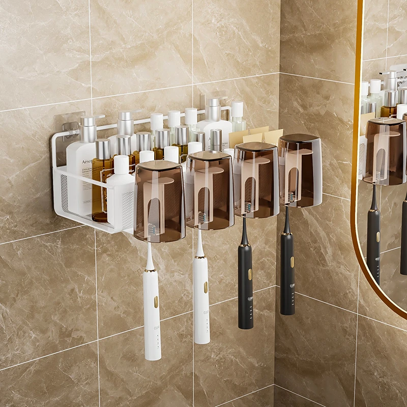 过早牙刷置物架免打孔漱口杯刷牙杯卫生间壁挂式家庭电动牙膏牙刷