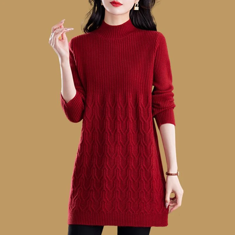 恒源祥集团半高领女秋冬中长款套头毛衣宽松针织