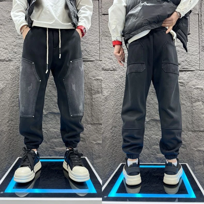 男士宽松拼接哈伦裤2024秋冬加绒加厚休闲裤渐变色百搭束脚卫裤子