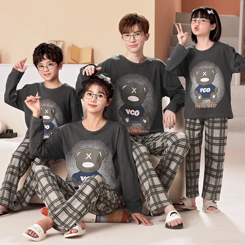 亲子睡衣长袖纯棉春秋季儿童睡衣一家三口四口母女装家居服套装