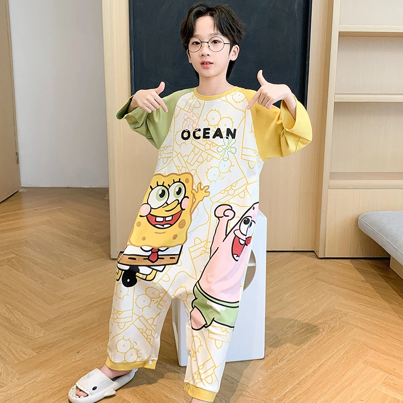 儿童纯棉连体睡衣春秋男童薄款长袖卡通海绵宝宝防踢被家居服睡袋