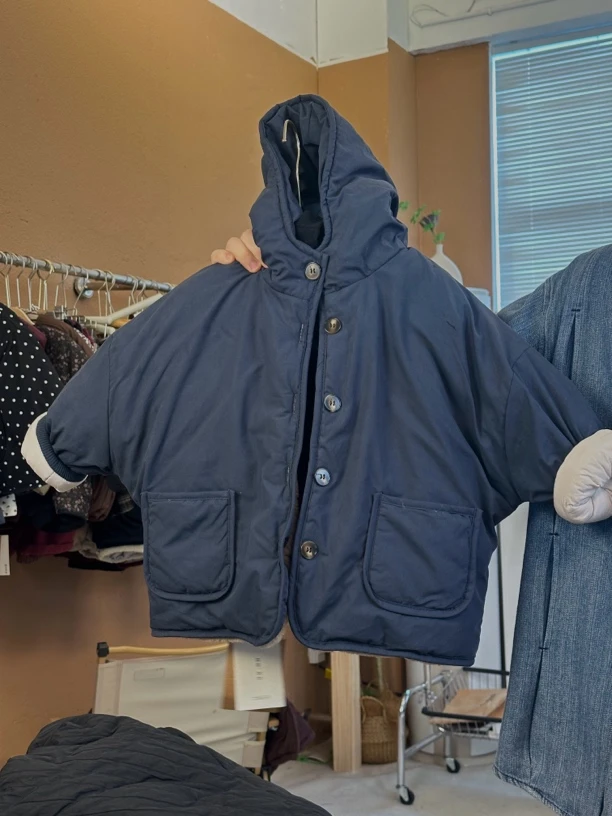 2024左左家韩系儿童复古蝙蝠袖毛毛超厚连帽棉服