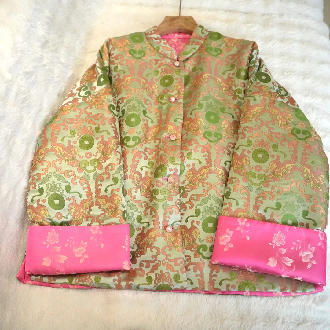 【貔貅铜钱纹】真丝混纺宋锦2024冬新品加厚棉服上衣女国风复古撞色
