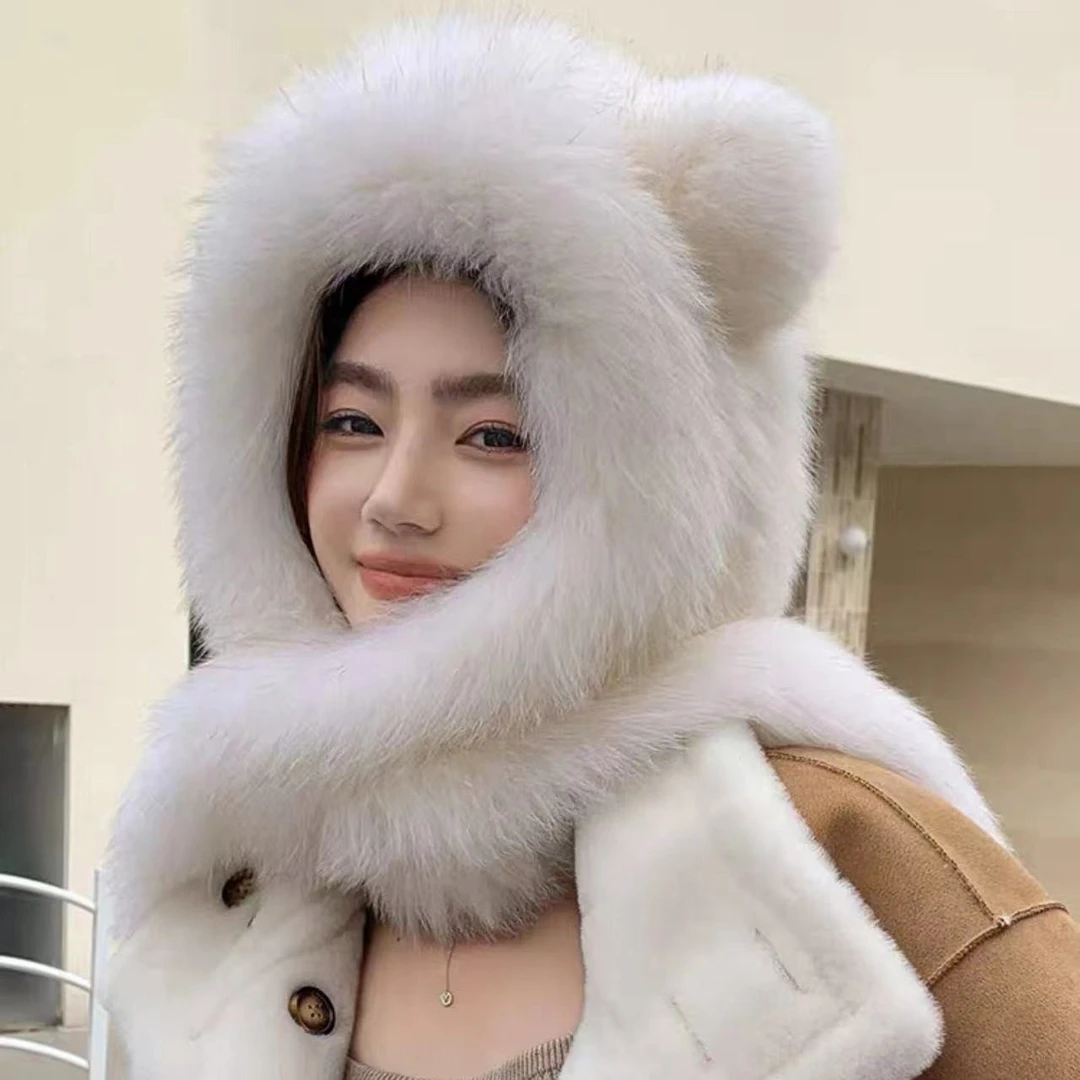 秋冬网红新款时尚百搭女围巾帽子一体连帽保暖护耳可爱毛毛编织