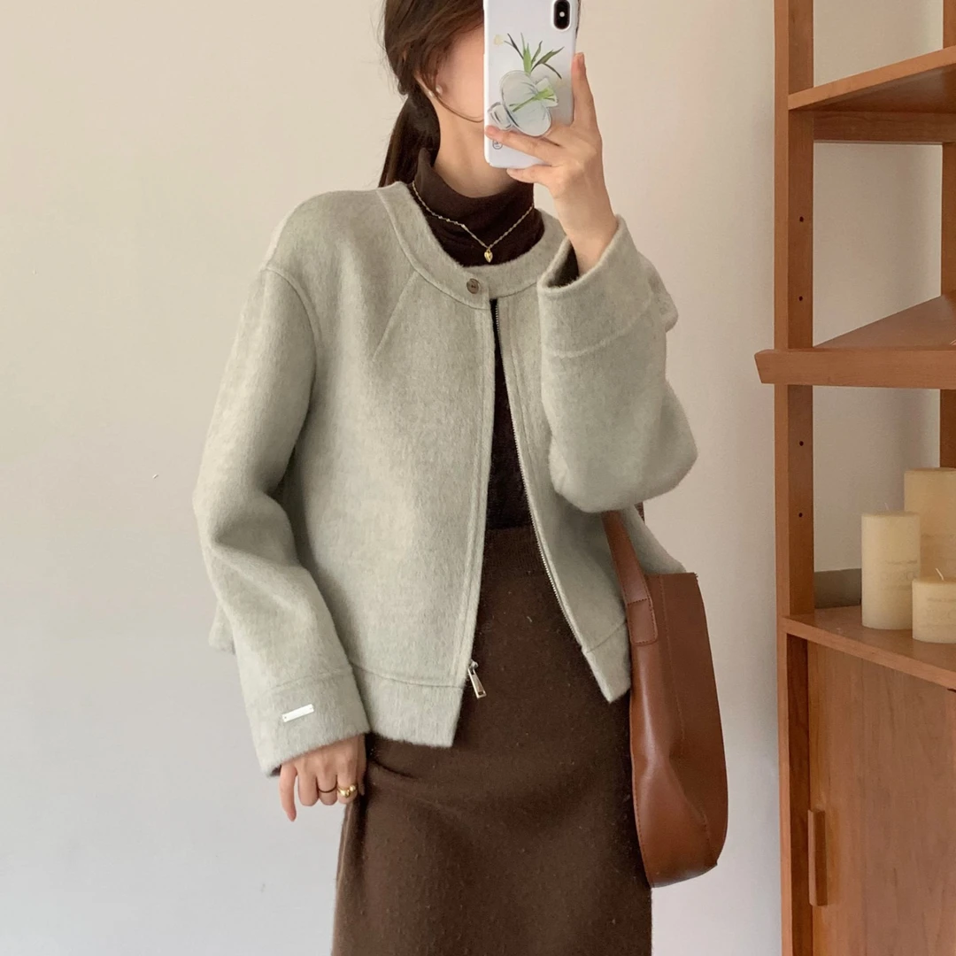 双面呢羊毛大衣短款24年秋冬新款韩版拉链休闲小个子女外套