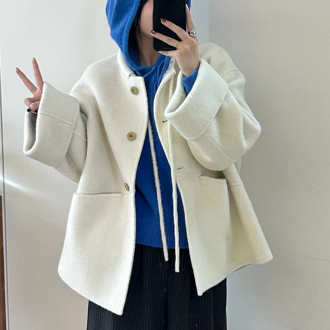 韩版牦牛绒秋冬新款圆领系带宽松显瘦双面羊毛大衣女外套8209