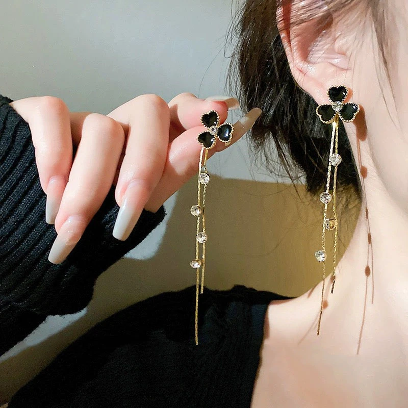 铜合金耳饰 时尚百搭小众黑色简约长款两戴设气质超仙耳环1713