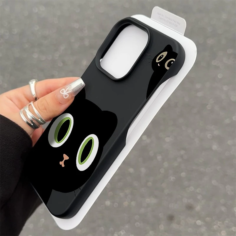 可爱大眼黑猫半包软壳适用苹果16promax手机壳iphone15/14/13/12
