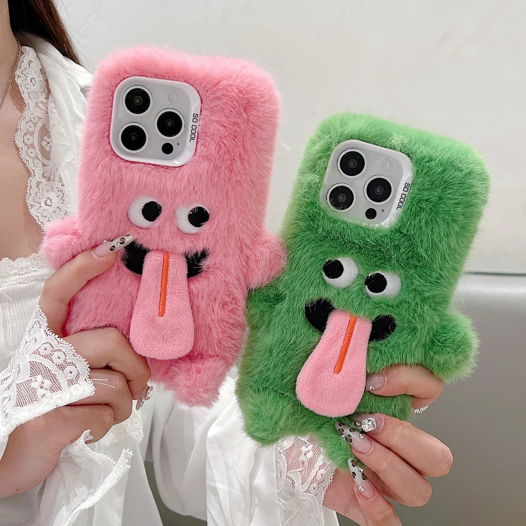 新款毛绒情侣长舌头手机壳适用苹果16华为荣耀vivo小米14oppo高档