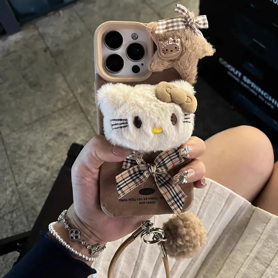 毛绒Kitty适用苹果16pro手机壳iphone15翻毛皮14小众13可爱12套11
