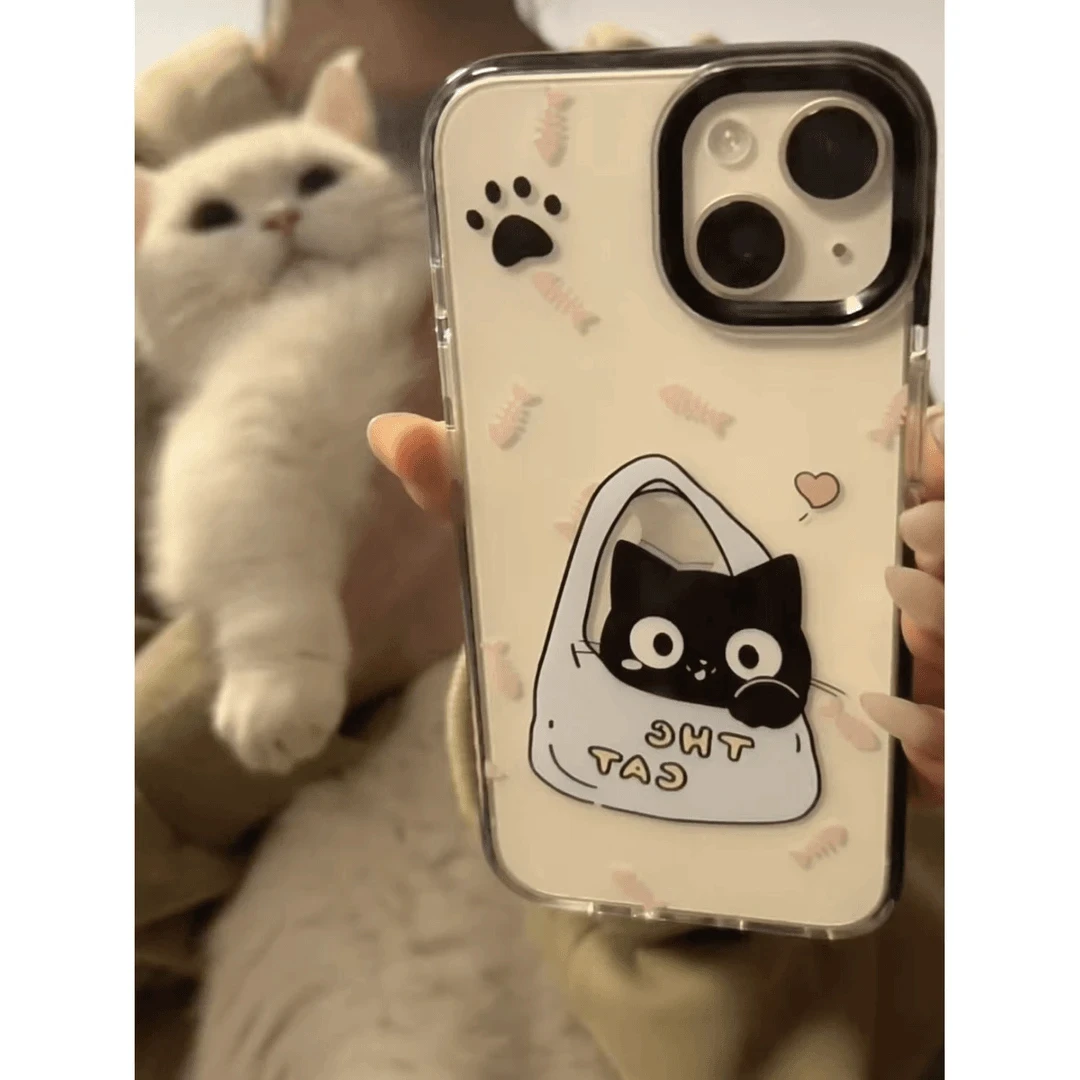 购物袋呆萌黑猫手机壳适用iphone15/16promax苹果14防摔13/12全包