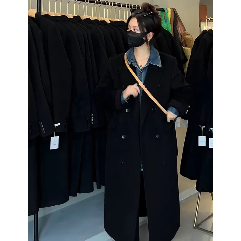 赫本风黑色双面羊毛大衣女中长款秋冬季新款小个子高级感毛呢外套